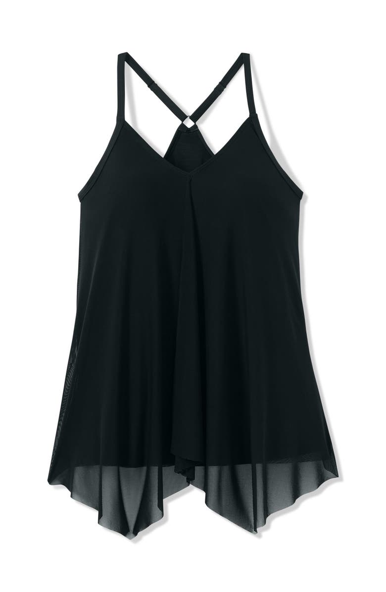 Swim 365 Longer-Length Draped Mesh Racerback Tankini Top, Alternate, color, Black