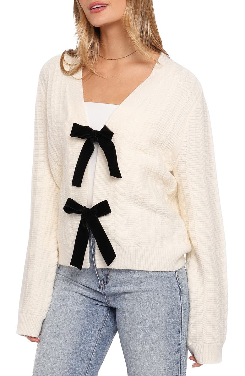 Petal & Pup Bree Velvet Bow Cardigan, Alternate, color, Cream