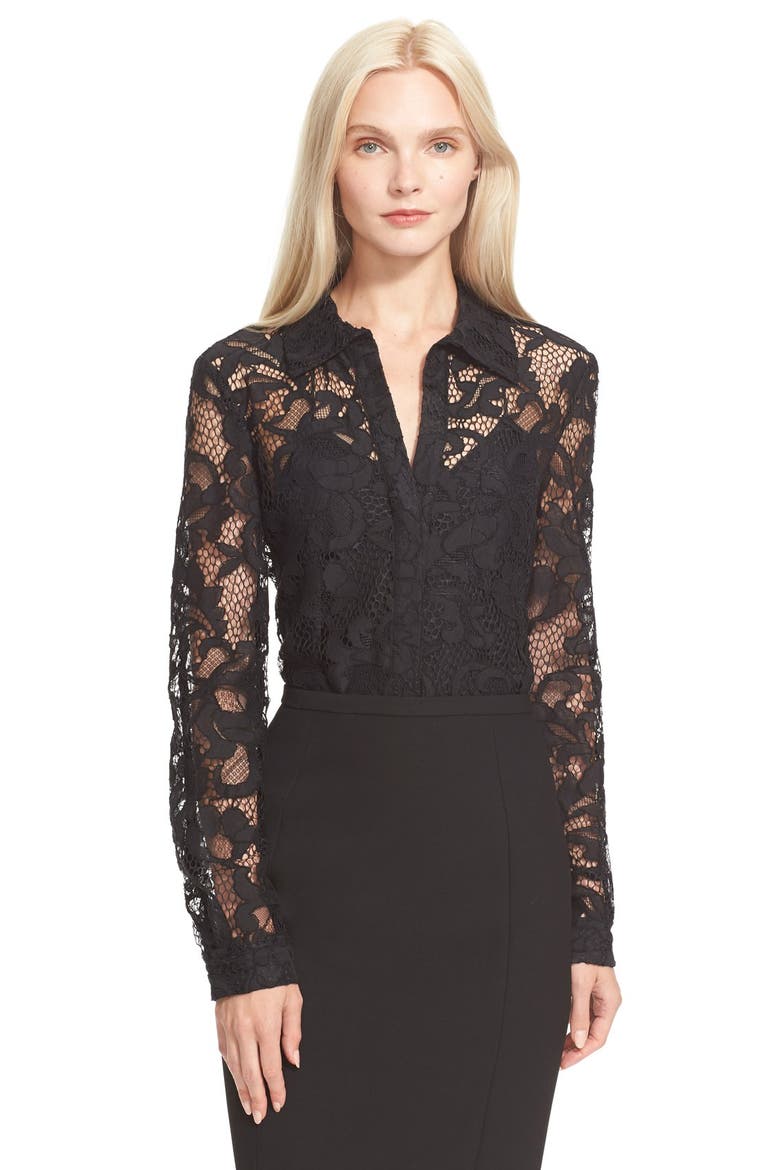 'Lorelei Two' Sheer Lace Shirt, Main, color, BLACK