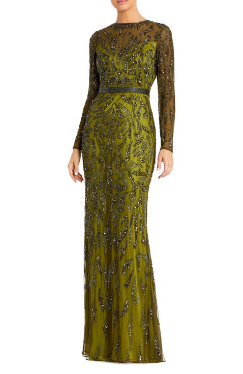 Abstract Beaded Long Sleeve Evening Gown