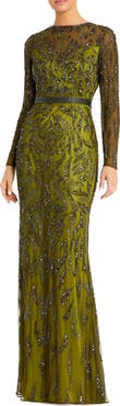 Mac Duggal Abstract Beaded Long Sleeve Evening Gown