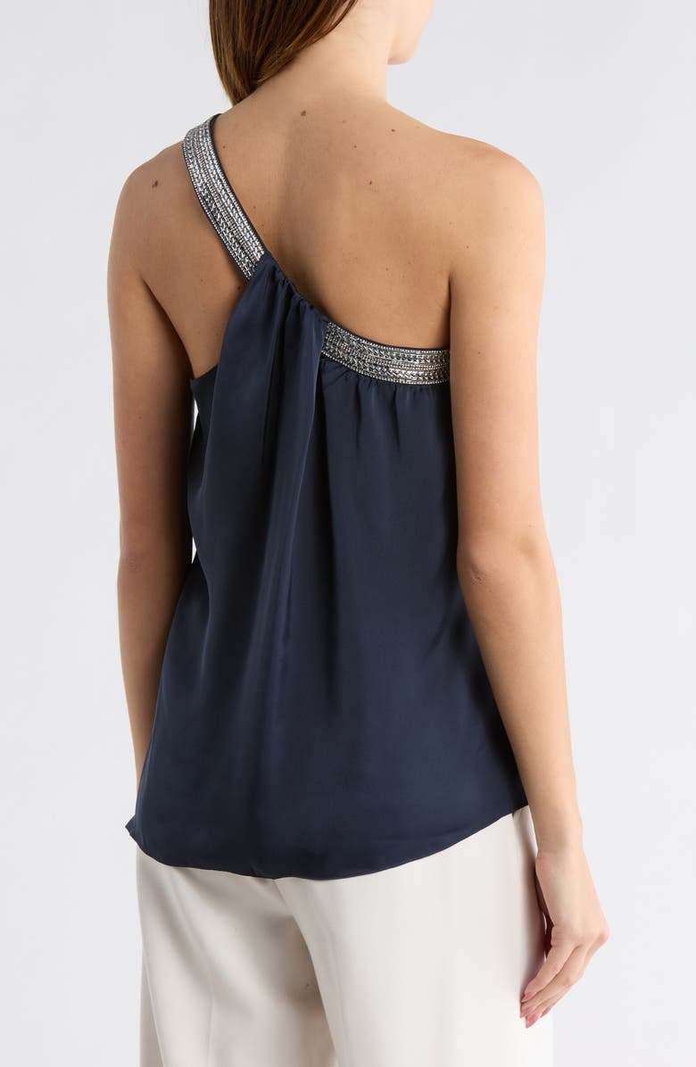 Ramy Brook Socall Crystal Embellished One-Shoulder Satin Blouse, Alternate, color, Navy