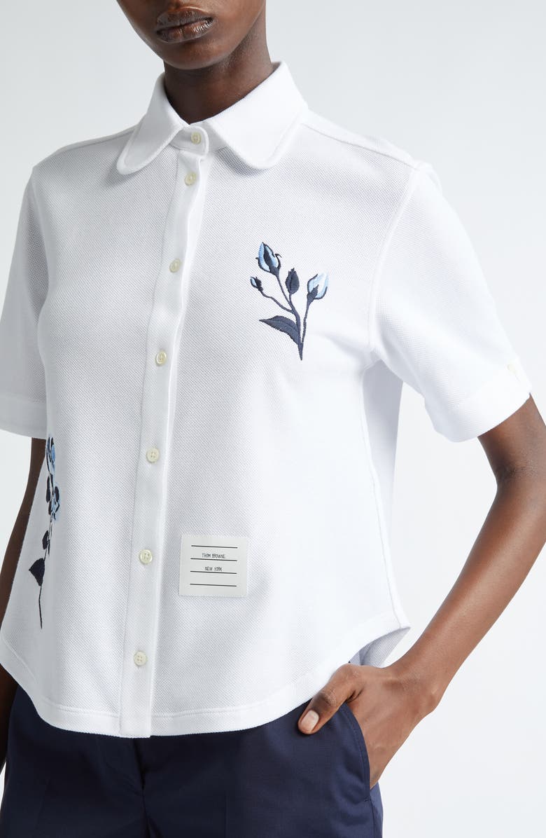 Thom Browne Embroidered Short Sleeve Cotton Button-Up Shirt, Alternate, color,