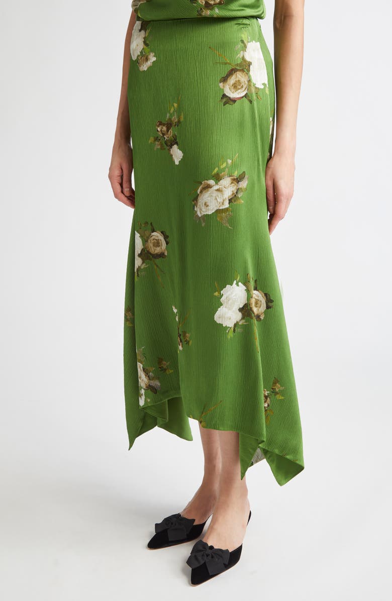Erdem Rose Print Crinkled Satin Midi Skirt, Alternate, color, Painted Rose Bouquet Olive