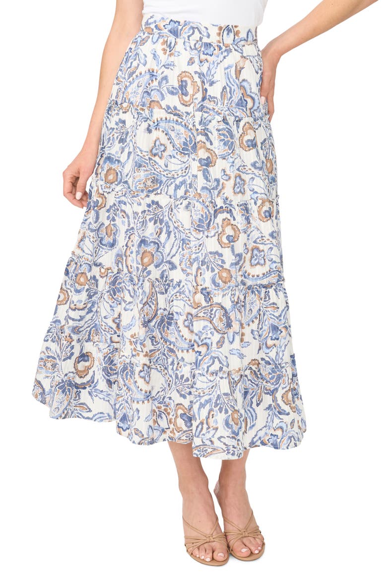 Print Tiered Midi Skirt, Main, color, WILD WIND