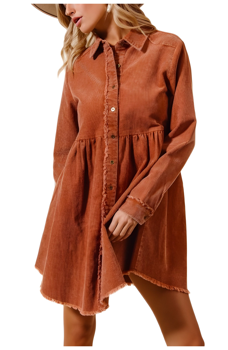 Knit and Lounge Corduroy Shirt Dress with Frayed Trim and Button Front Detail, Main, color, 