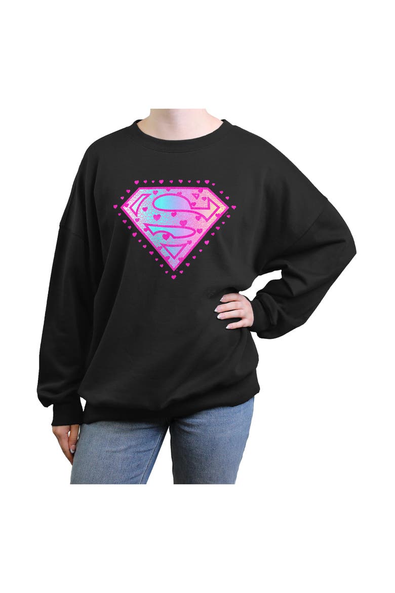 Junior's Supergirl Pink Hearts Logo  Sweatshirt, Main, color, Black