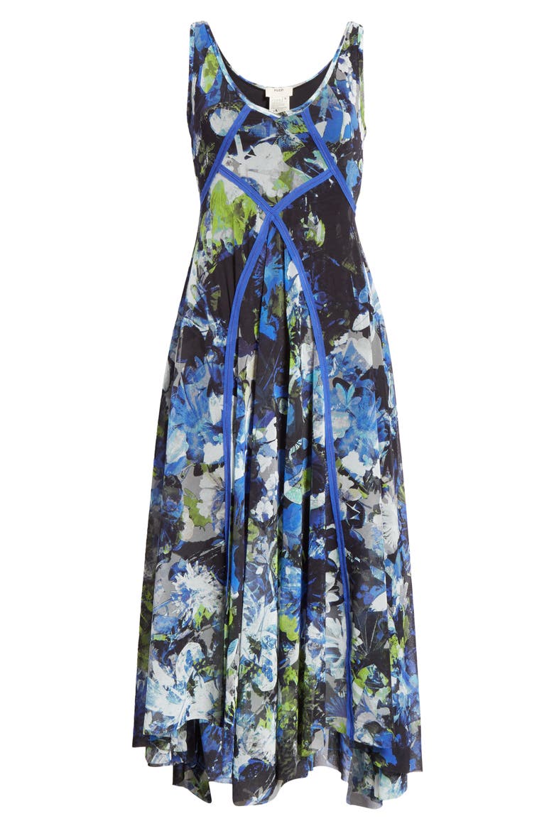 Floral Print Asymmetrical Midi Dress, Alternate, color, NERO