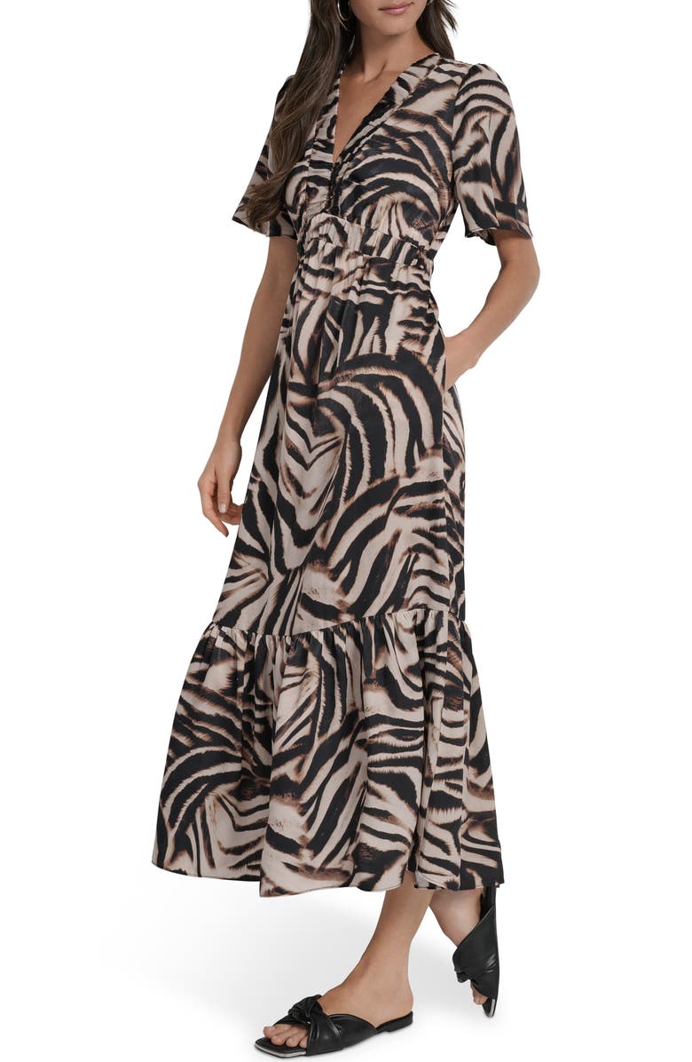 DKNY Print V-Neck Maxi Dress, Alternate, color, Blurred Zebra