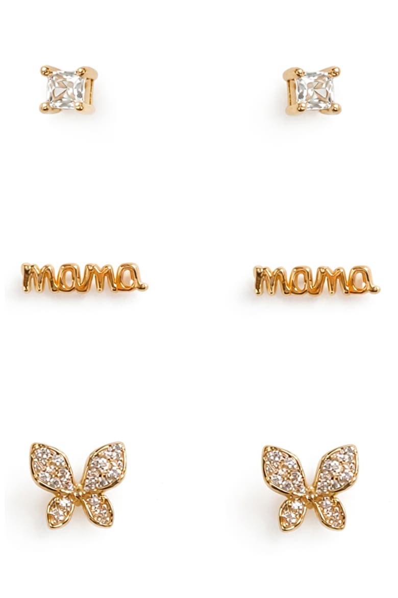 Set of 3 Cubic Zirconia Mama Butterfly Stud Earrings, Alternate, color, GOLD