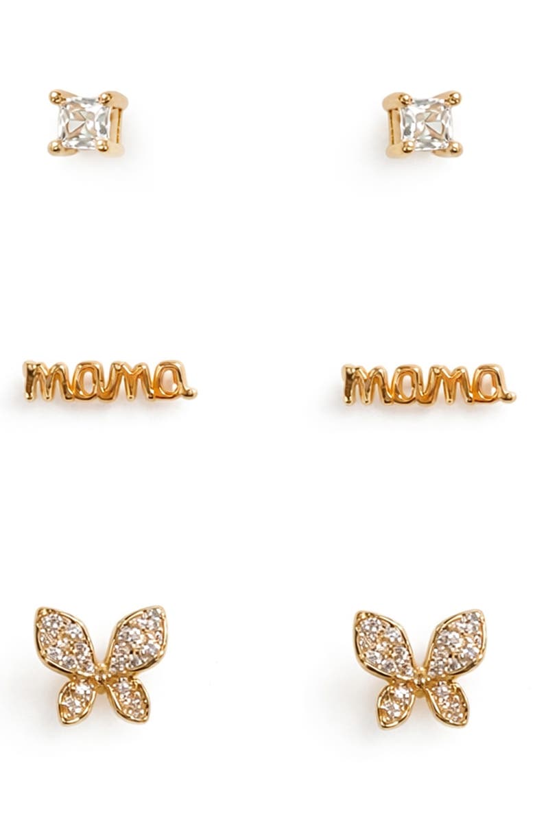 Panacea Set of 3 Cubic Zirconia Mama Butterfly Stud Earrings, Alternate, color, Gold