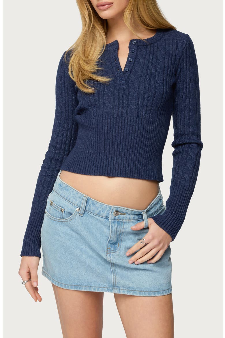Hadliee Cable Knit Crop Henley, Main, color, NAVY