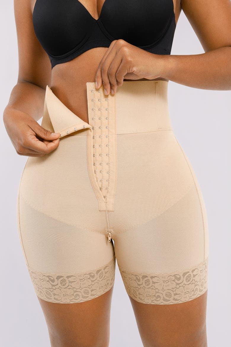 Tummy Control Boned Sculpt High Waist Shorts, Alternate, color, Beige