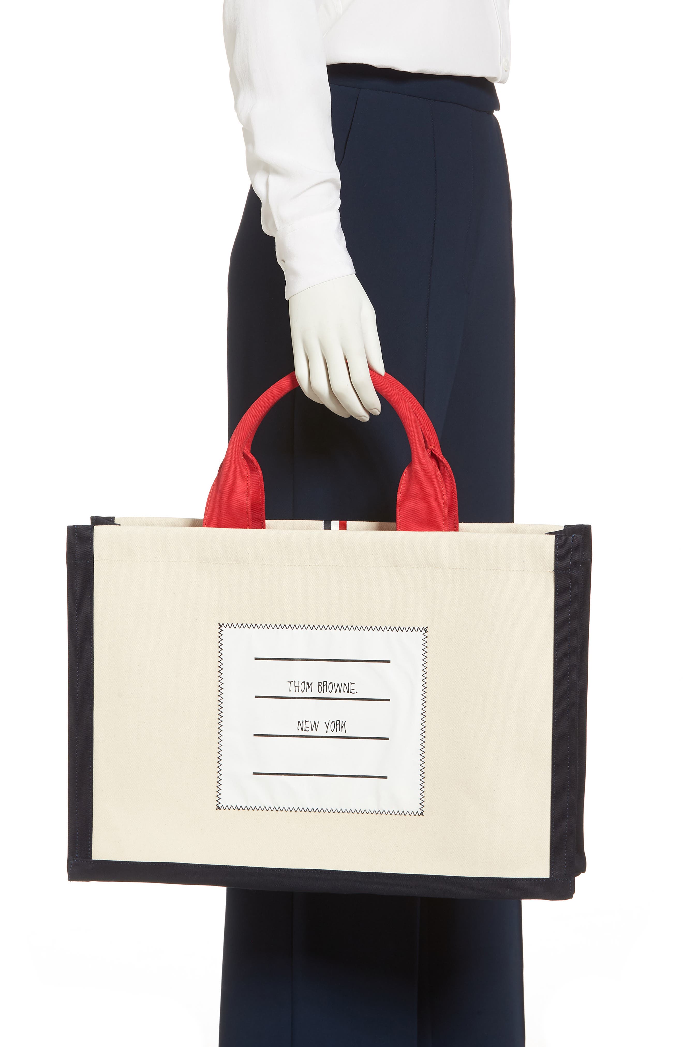 Thom Browne Name Tag Canvas Top Handle Tote, Alternate, color, 