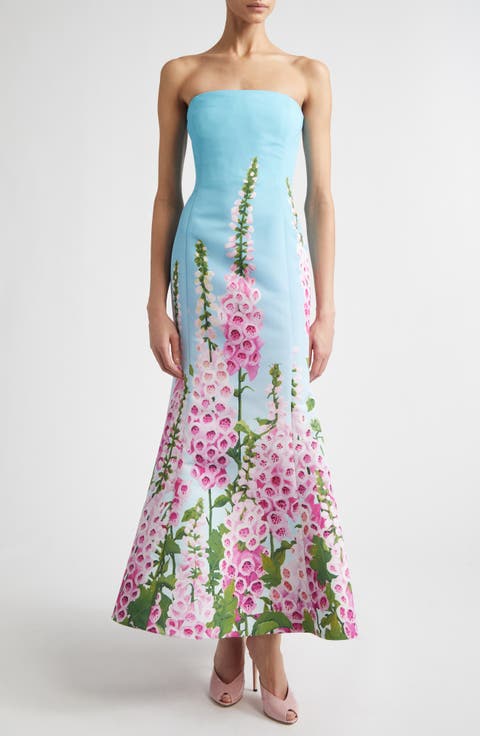 Foxglove Print Strapless Trumpet Gown