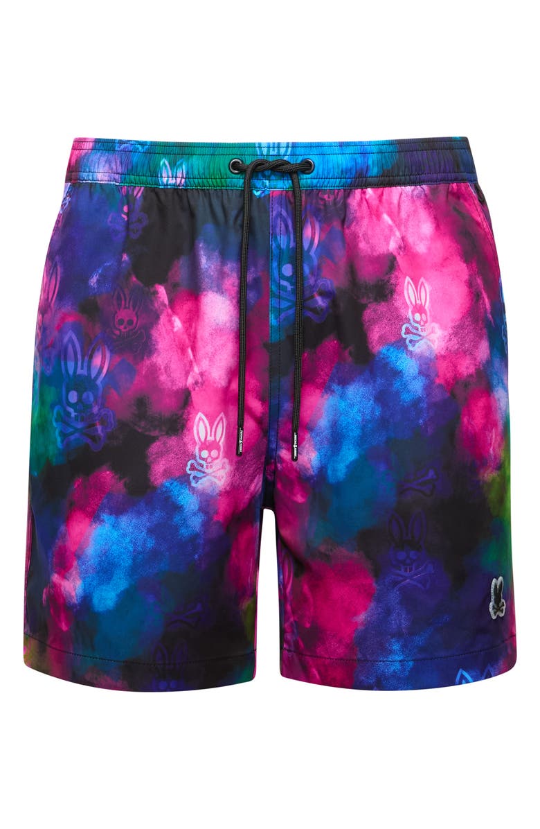 Psycho Bunny Dokos Print Swim Trunks, Alternate, color, Black