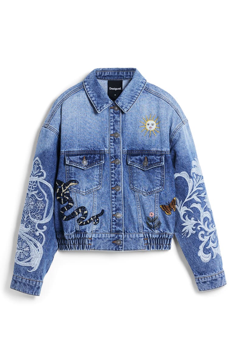 Desigual Embroidered Denim Trucker Jacket, Alternate, color, Medium Blue