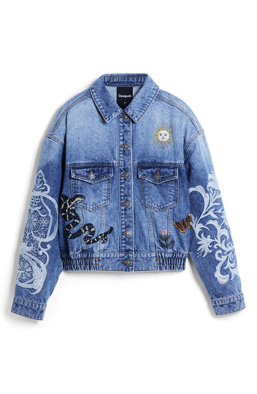 Desigual Embroidered Denim Trucker Jacket In Blue