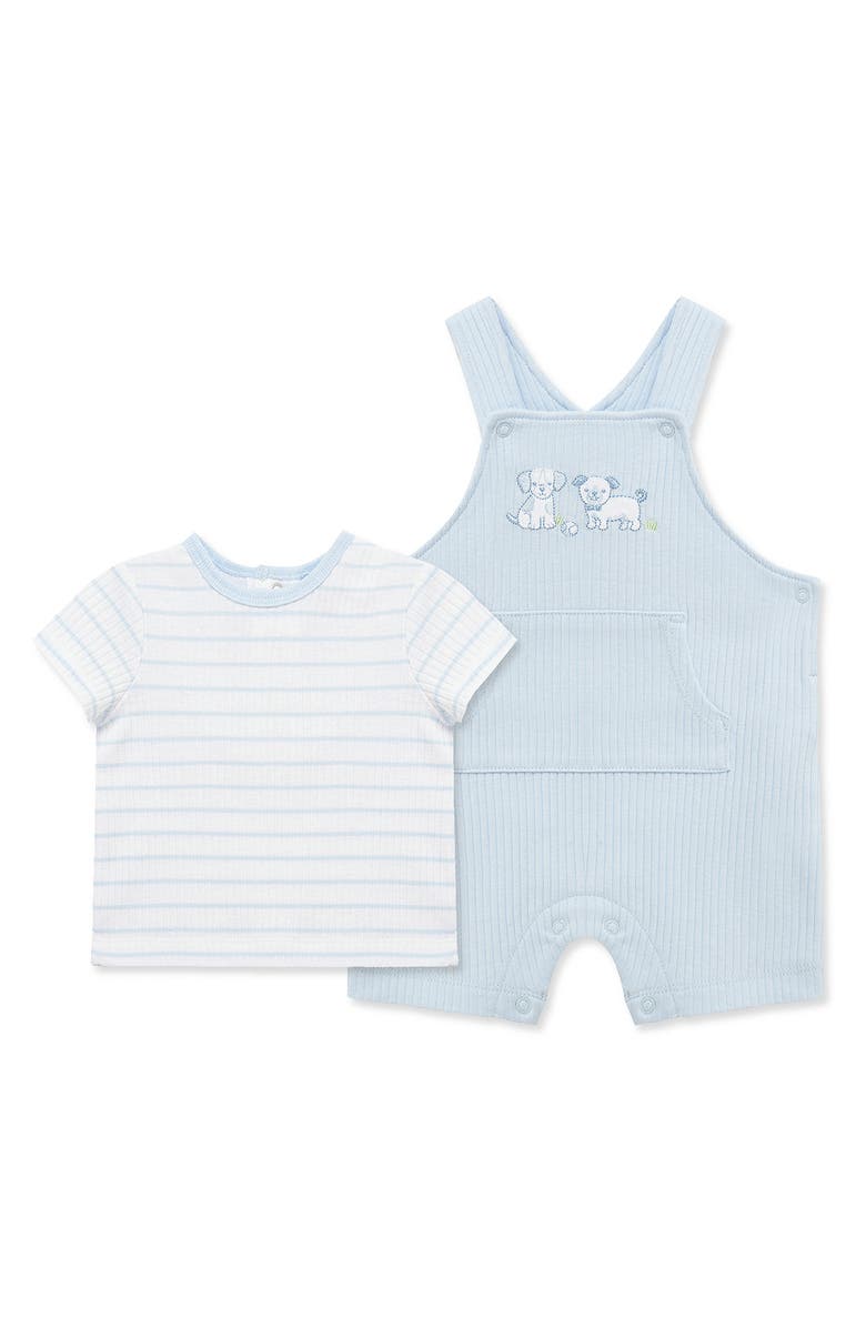 Little Me Stripe T-Shirt & Puppy Overalls Set, Main, color, Blue