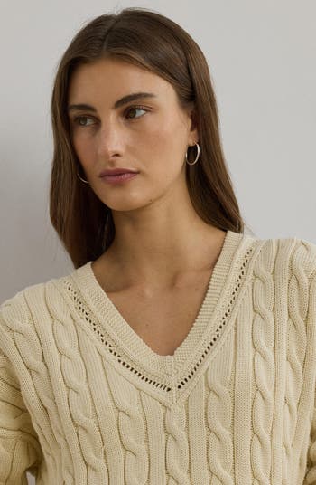 売れ筋商品|||ラルフローレン ニット&セーター レディース アウター CABLE AND POINTELLE KNIT CRICKET JUMPER - Jumper - ivory beige Lauren Ralph Lauren Pointelle & Cable Knit Cricket Sweater