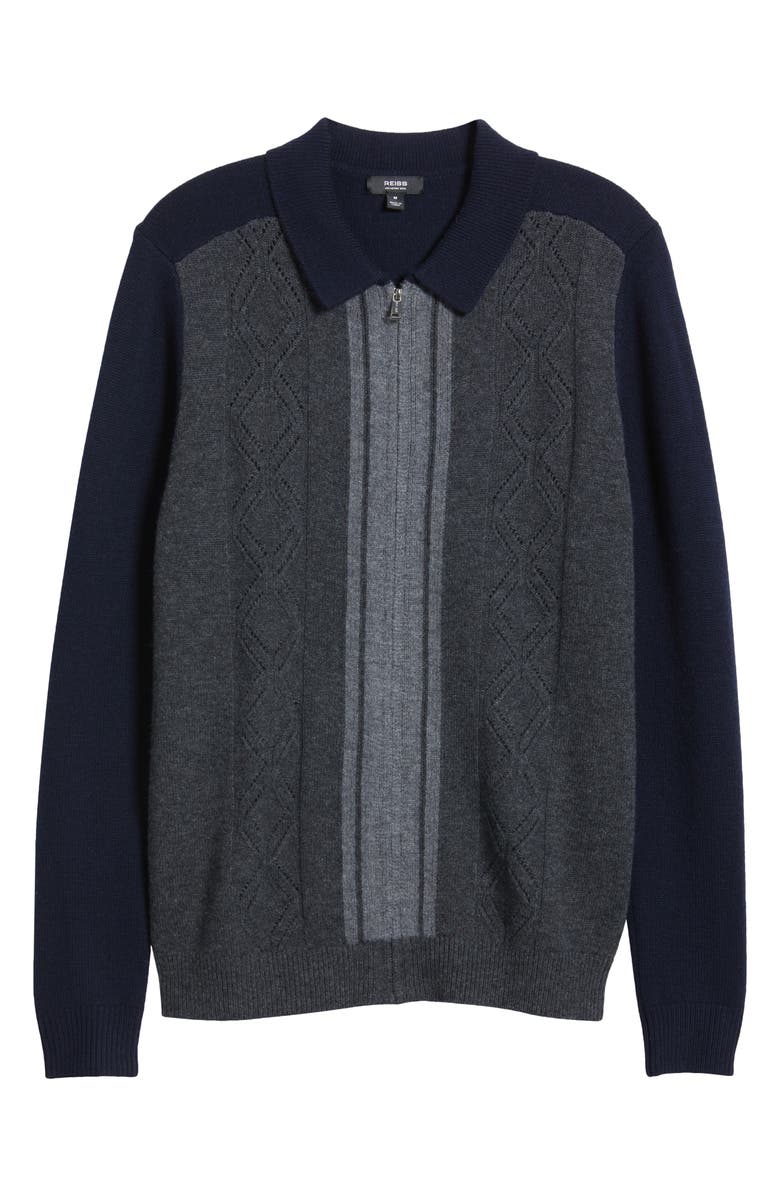 Reiss Tennant Stripe Colorblock Zip Front Wool Cable Stitch Cardigan, Alternate, color,