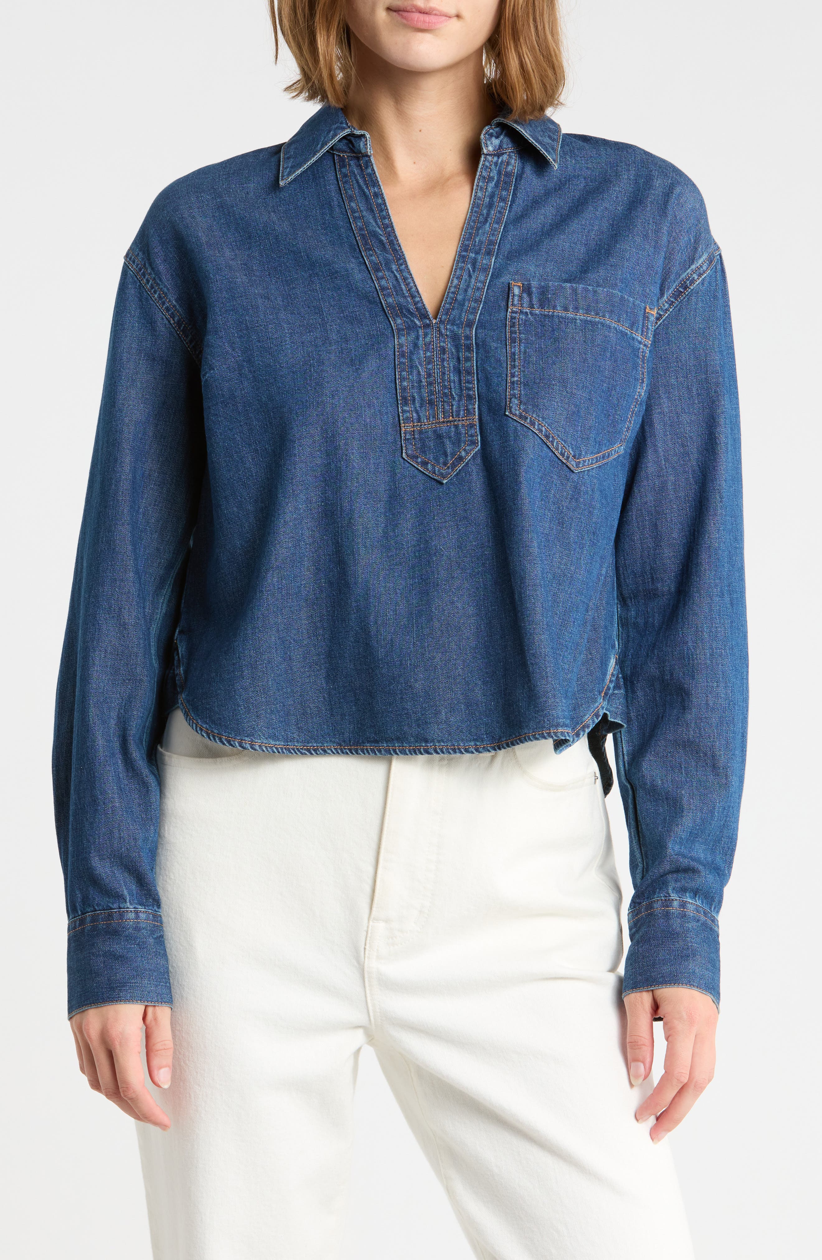 Khai Split Neck Denim Top