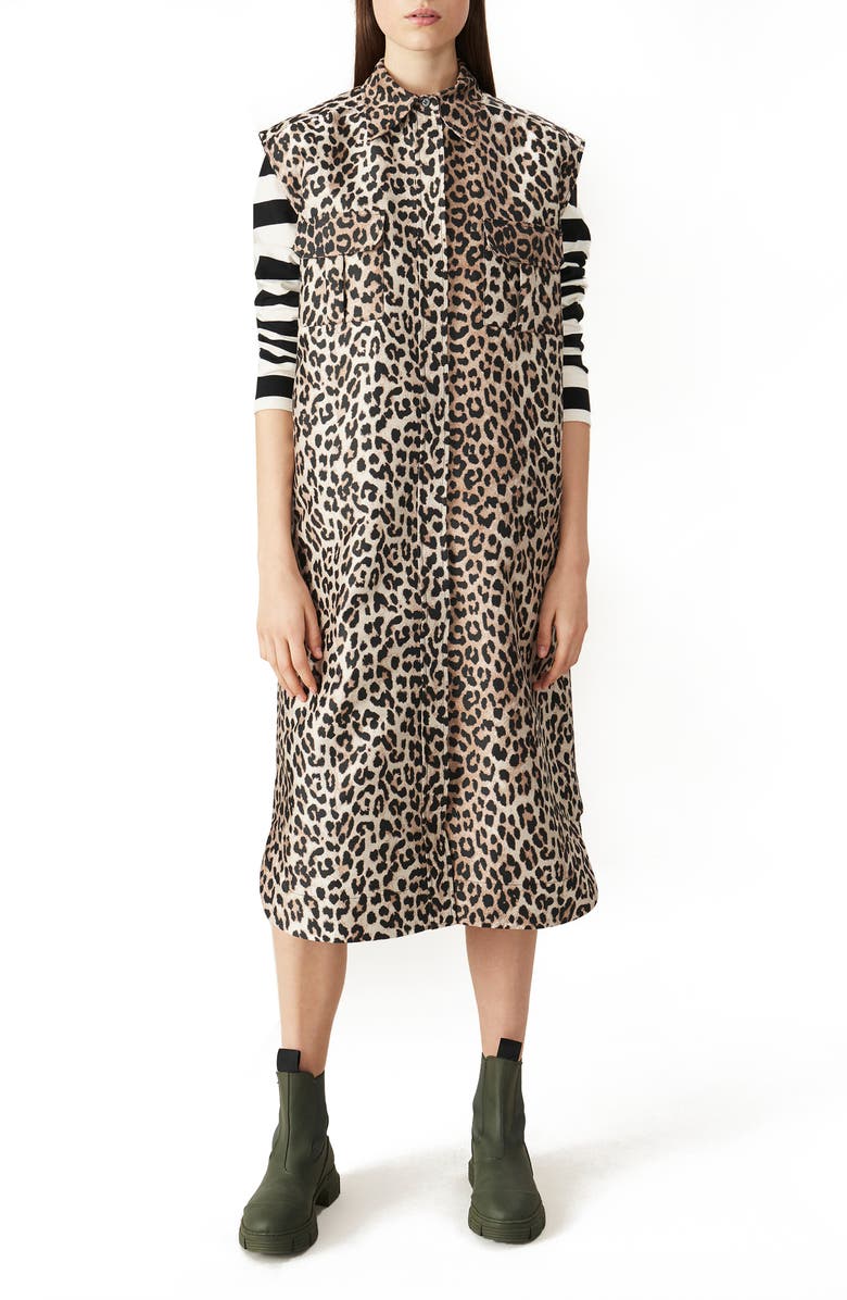 Ganni Leopard Print Sleeveless Shift Dress, Main, color,