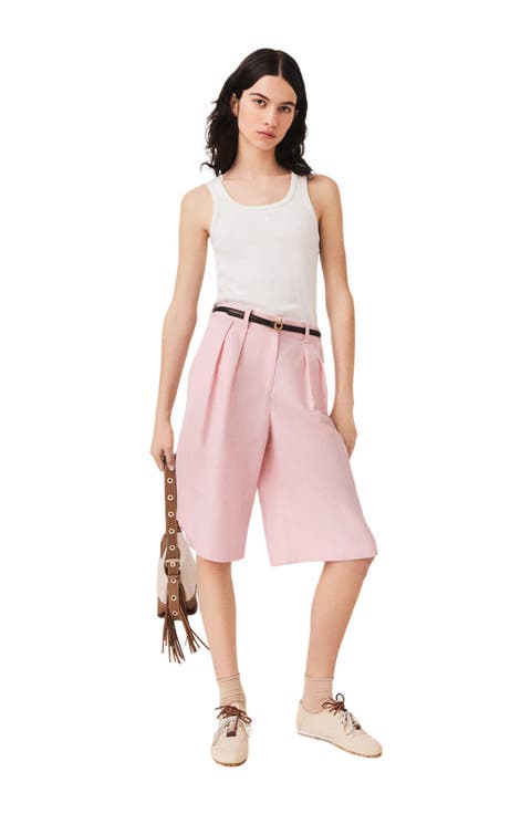Pleated linen blend Bermuda shorts
