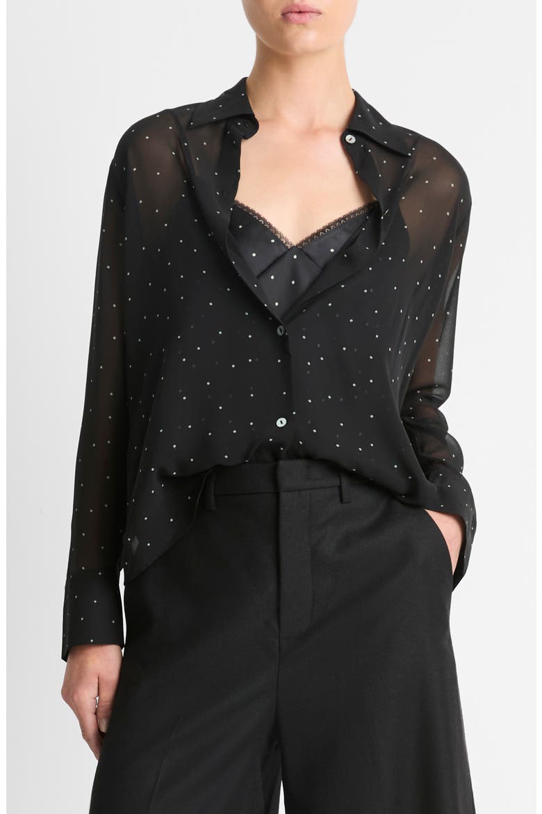 Pin Dot Sheer Silk Button-Up Shirt & Lace Trim Camisole, Main, color, BLACK/GREY