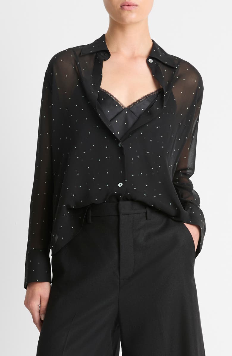 Vince Pin Dot Sheer Silk Button-Up Shirt & Lace Trim Camisole, Main, color, 