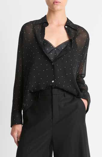 Vince Pin Dot Sheer Silk Button-Up Shirt & Lace Trim Camisole
