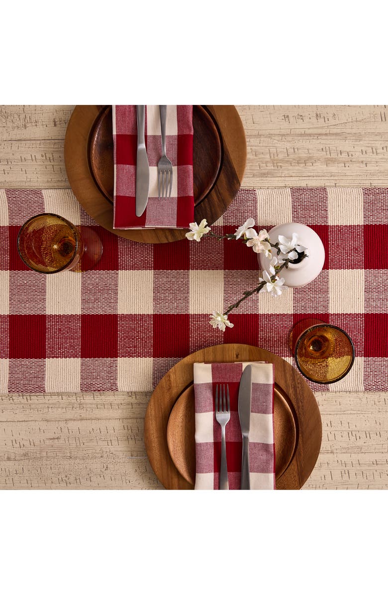Design Imports Checkered Fringe Cotton Table Runner, Alternate, color, Red