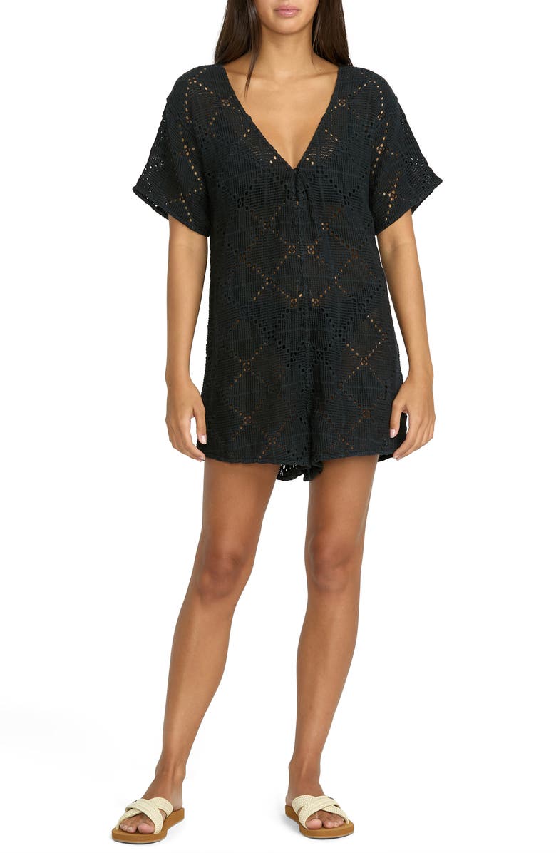 Volcom Go Barefoot Open Stitch Cover-Up Romper, Main, color, Black