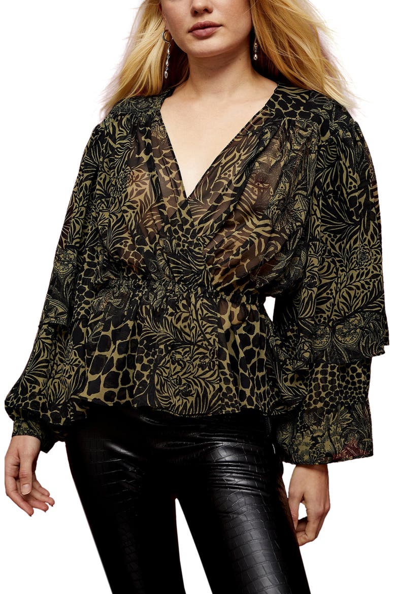 Idol Animal Print Ruffle Blouse, Main, color, OLIVE MULTI