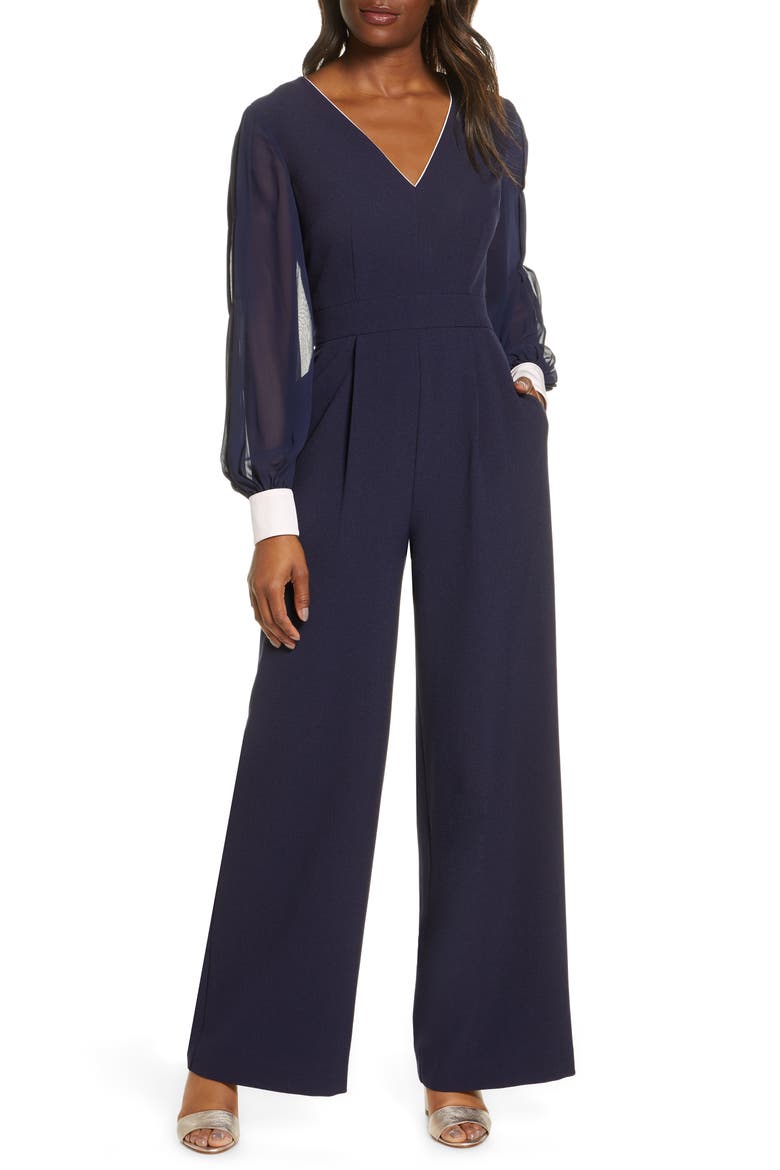 Long Sleeve Crepe & Georgette Jumpsuit, Main, color, NAVY