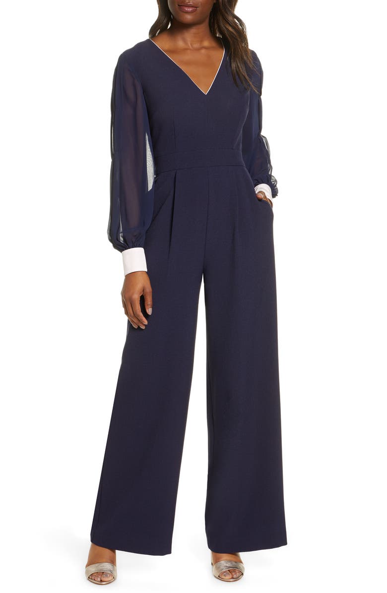 Harper Rose Long Sleeve Crepe & Georgette Jumpsuit, Main, color, 