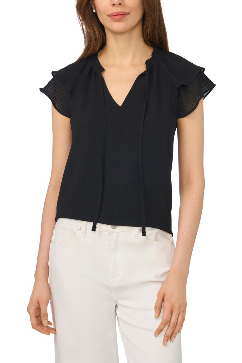 Fluttery Sleeve Tie Neck Top, Alternate, color, RICH BLACK