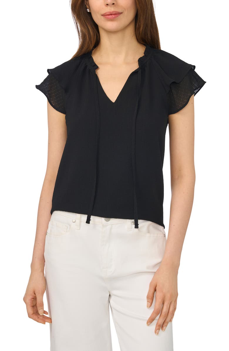 CeCe Fluttery Sleeve Tie Neck Top, Alternate, color, Rich Black
