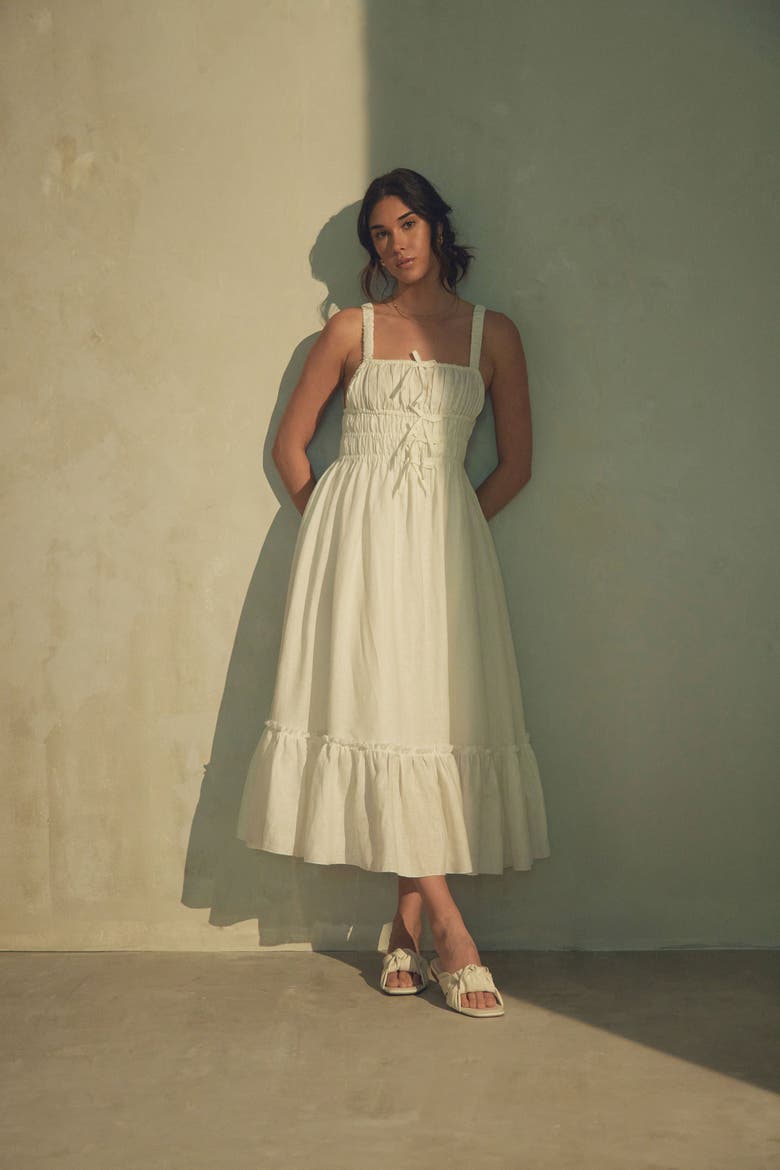 Amara Ruched Midi Linen Dress in Pristine, Alternate, color, Pristine