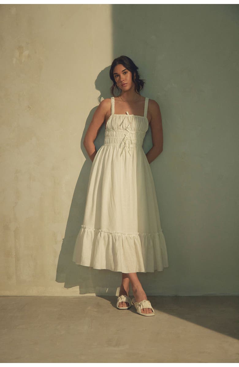 Vasiliki Amara Ruched Midi Linen Dress in Pristine, Alternate, color, Pristine