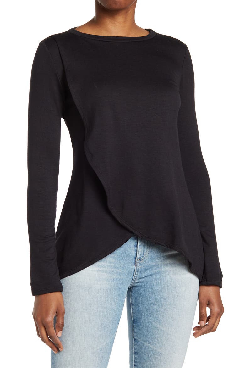 Long Sleeve Cross Hem Shirt, Main, color, BLACK