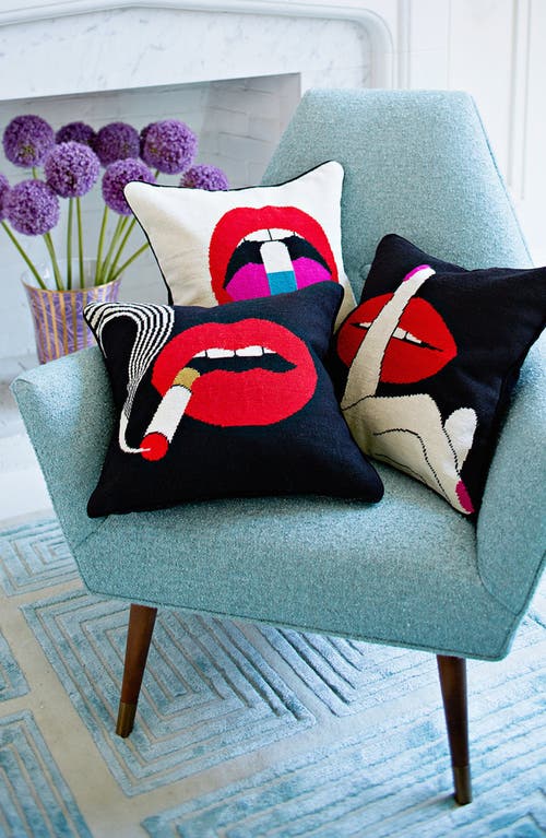 Jonathan Adler Us Lips Full Dose Needlepoint Throw Pillow In White