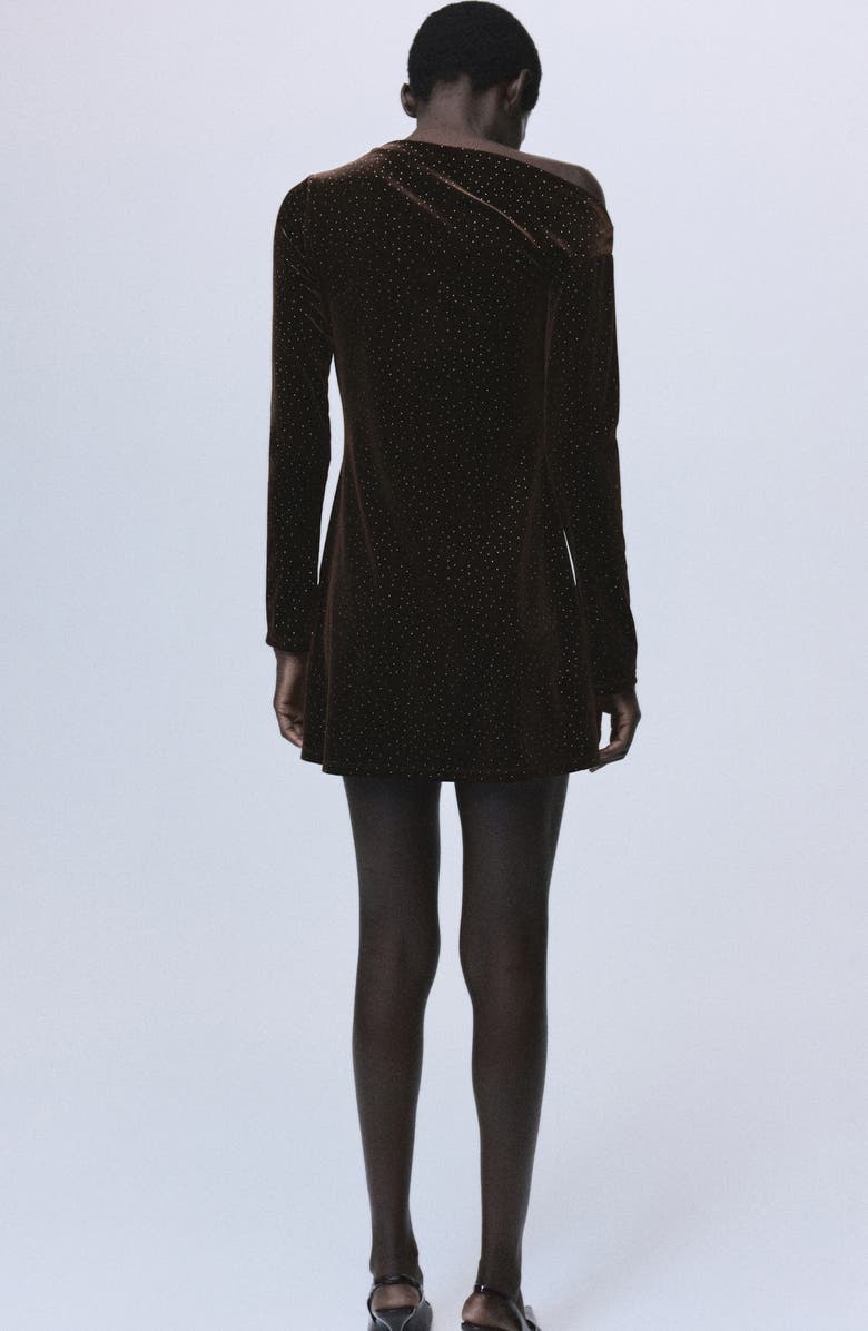 MANGO Rhinestone Long Sleeve Velvet Dress, Alternate, color, Brown
