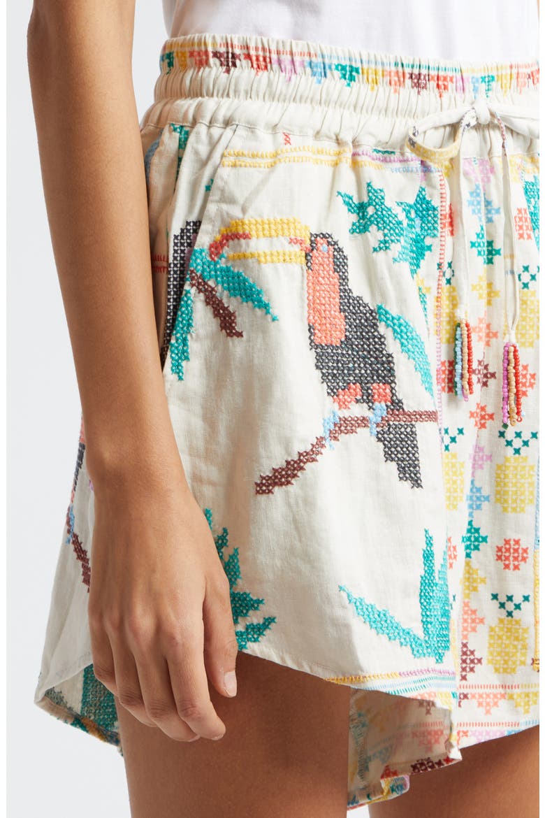 Stitched Birds Pull-On Linen Blend Shorts, Alternate, color, STITCHED BIRDS SCARF OFF-WHITE
