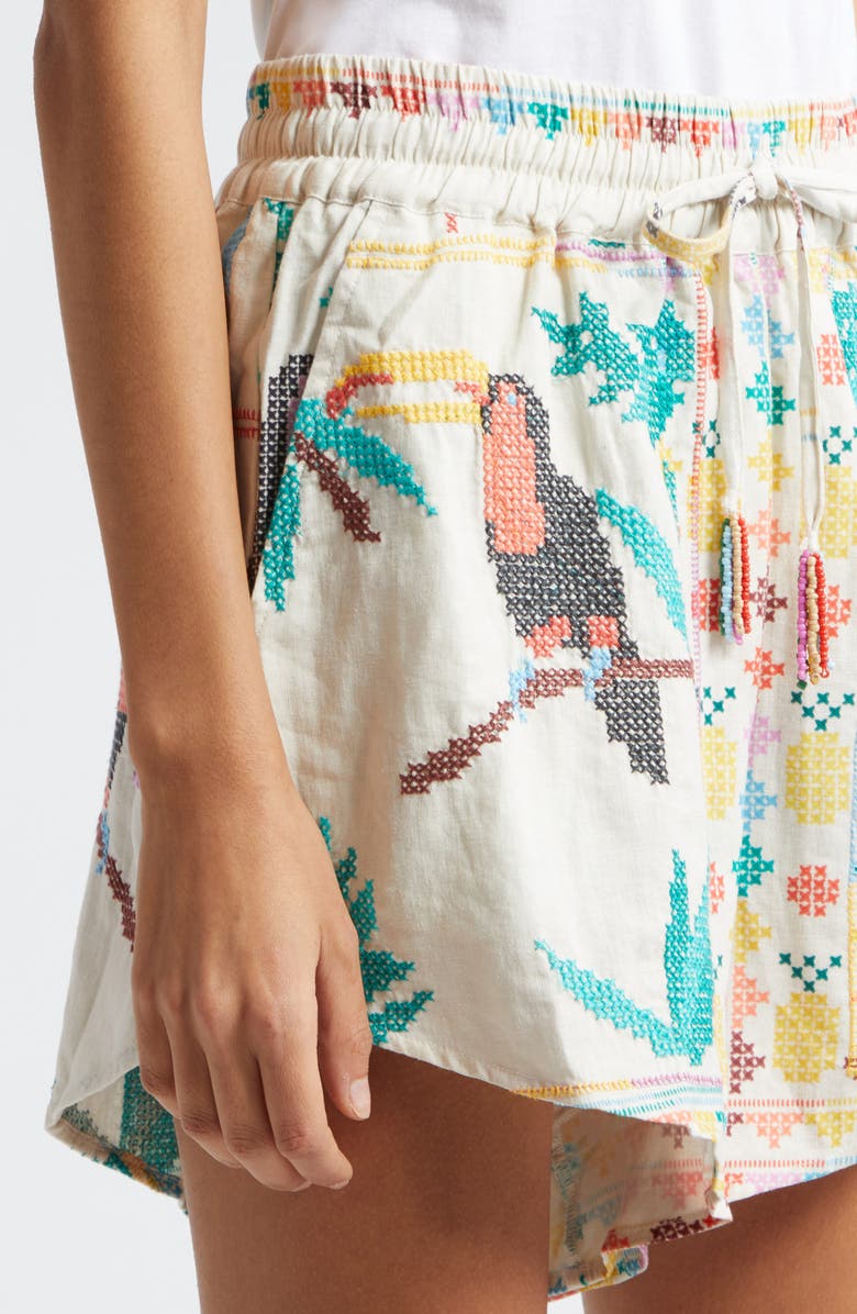 FARM Rio Stitched Birds Pull-On Linen Blend Shorts, Alternate, color, 