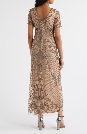 Illusion Beaded Mesh Column Gown