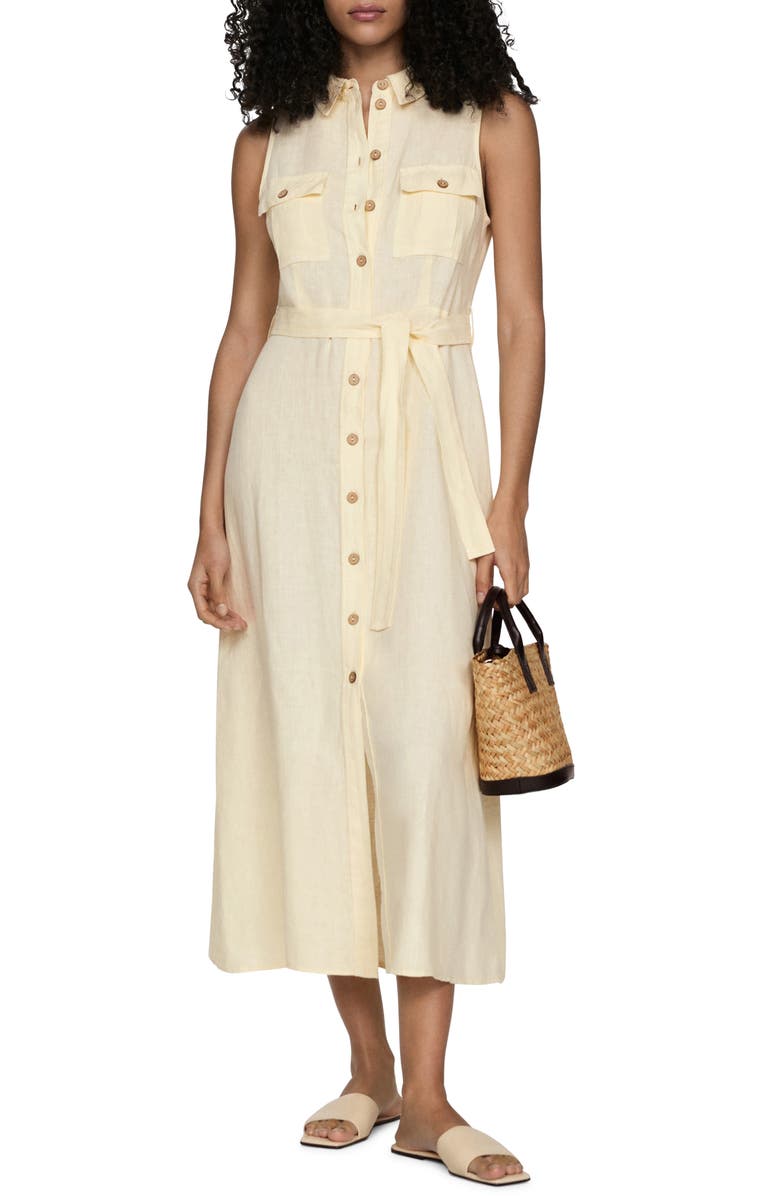 MANGO Sleeveless Belted Linen Midi Shirtdress, Main, color,