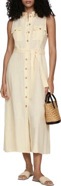 MANGO Sleeveless Belted Linen Midi Shirtdress
