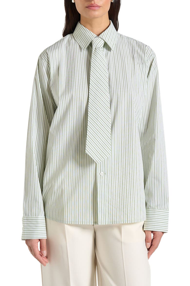 Dylan Unisex Pinstripe Long Sleeve Shirt With Detachable Tie, Alternate, color, Sage