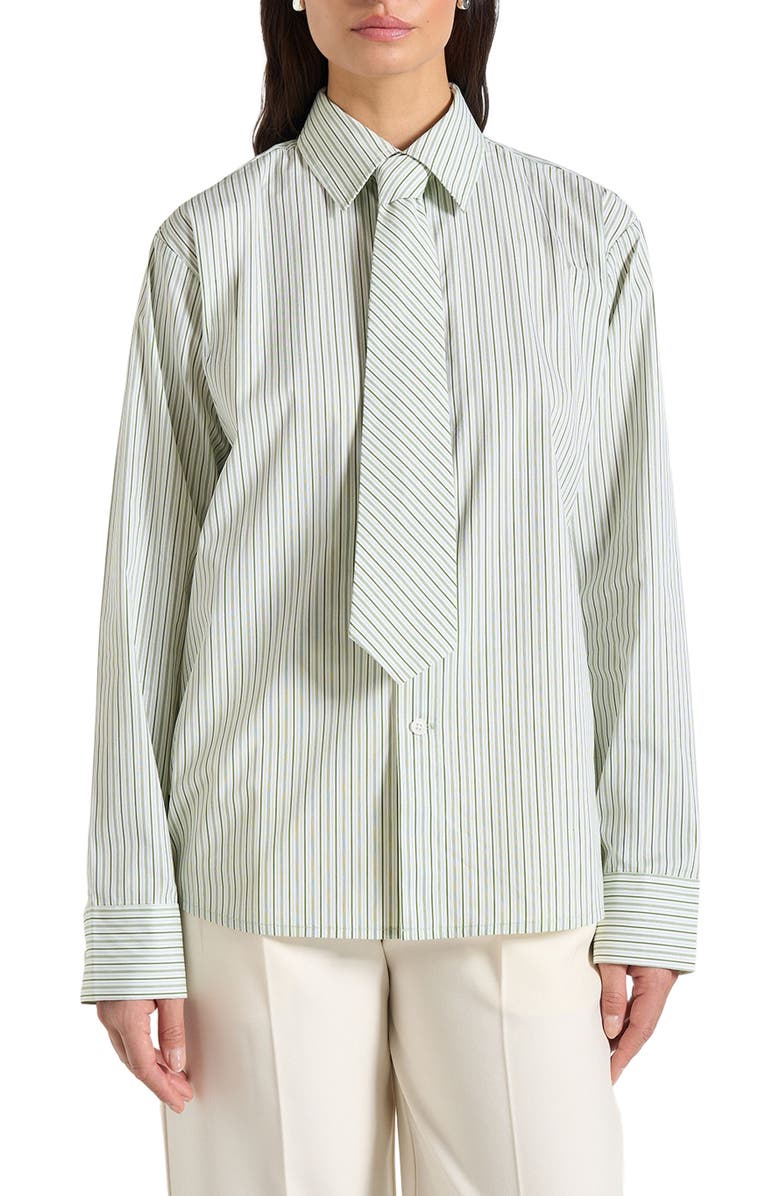Manière De Voir Dylan Unisex Pinstripe Long Sleeve Shirt With Detachable Tie, Alternate, color, Sage